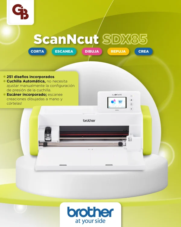 Plotter de corte Brother ScanNCut SDX85 blanco y verde con escáner y cuchilla automática para manualidades, vinil y tela.