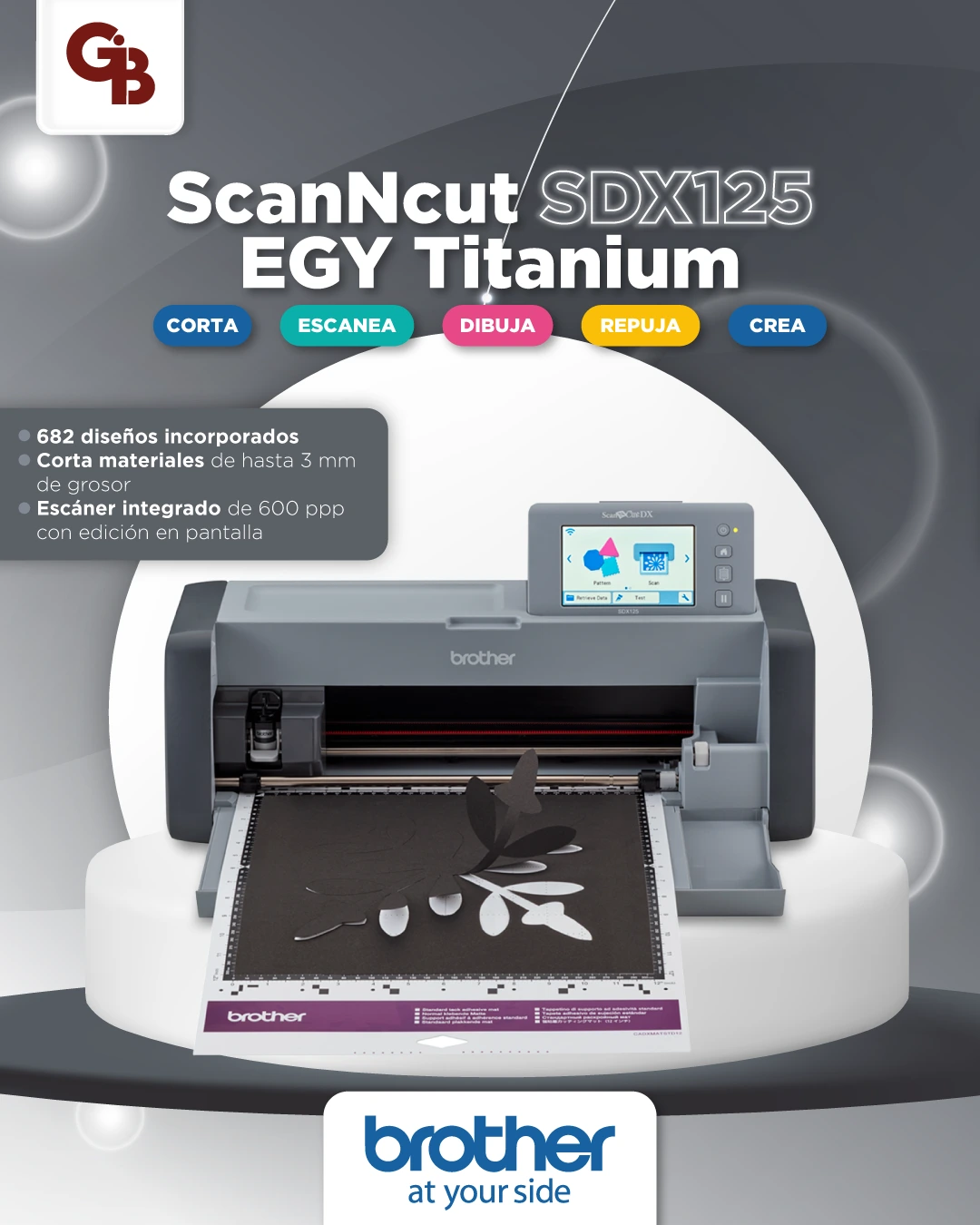 Plotter Brother ScanNCut SDX125 EGY Titanium con escáner de 600 ppp y corte de hasta 3 mm para vinil, tela y manualidades.