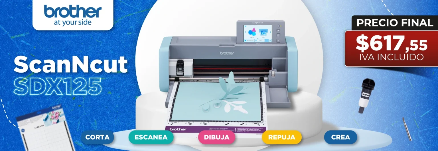 Plotter de corte Brother ScanNCut SDX125 con funciones de escaneo, dibujo, repujado y corte. Precio $617,55 IVA incluido.